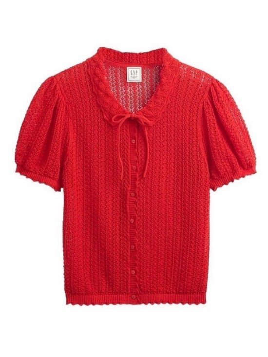 Gap x DOEN Tops - Dôen x GAP Bright Red Crochet Button-Front Puff Sleeve Top